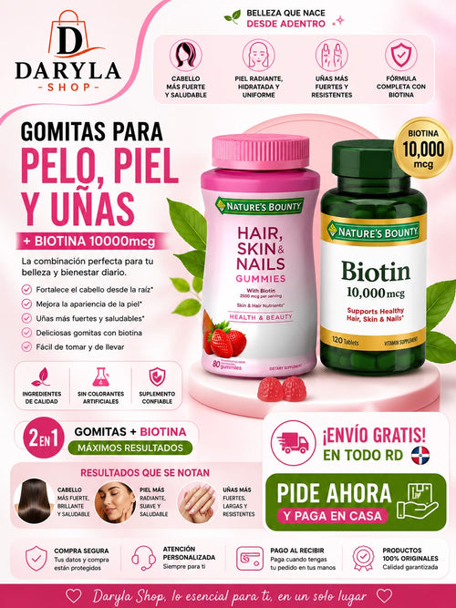 🍓 Gomitas Hair, Skin & Nails + 💚 Biotina 10,000 mcg.