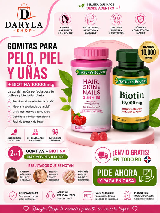 🍓 Gomitas Hair, Skin & Nails + 💚 Biotina 10,000 mcg.